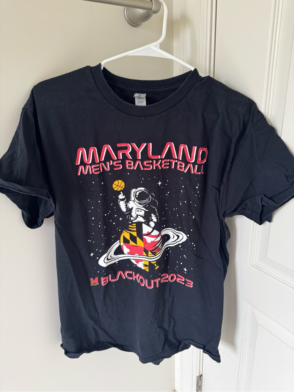 Gildan Black Tee with Red and Yellow Space Basketball Graphic